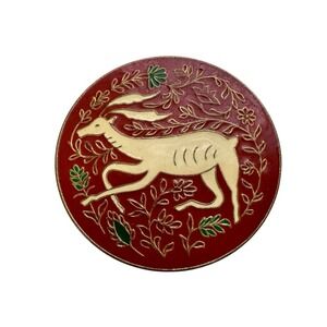 Vintage Enameled Brass Deer/Antelope Round Trinket Jewelry Box Holiday Gift Uniq